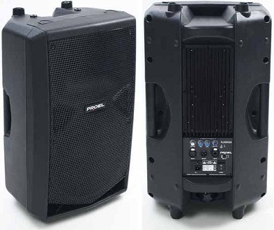 Pic shows front and rear view of Proel Flash12 powered speaker